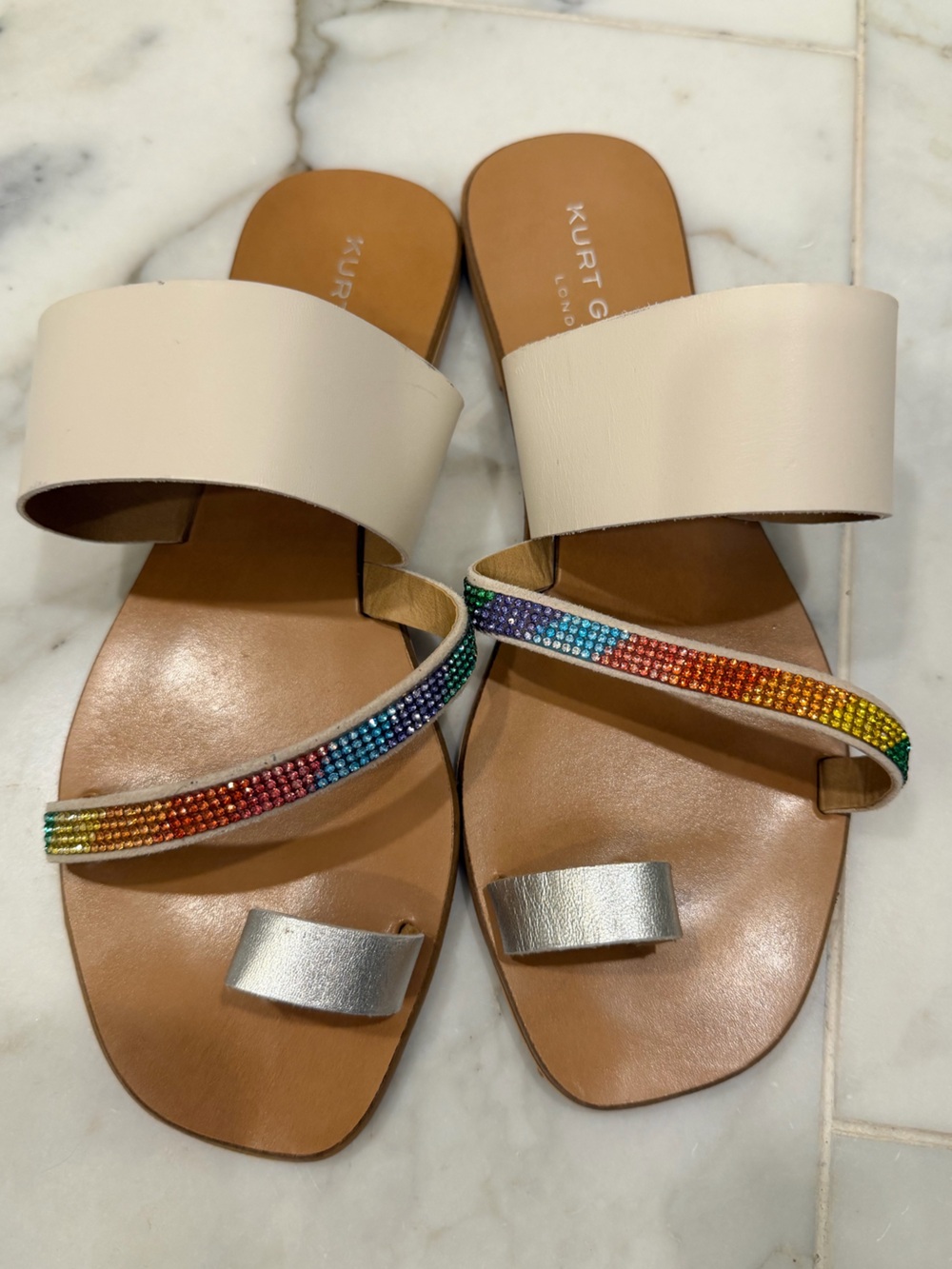 Kurt Geiger Leather Slide Sandals with Rainbow Crystal Strap